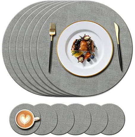 KERYCHIN 6 Round Leather Placemats(34cm) and 6 Coasters(10cm) Set, Heat-Resistant 212 °F Place mats, Non-Slip and Washable, Table mats for Kitchen, Hotel, Restaurant, Glass Dining Table, (Grey)