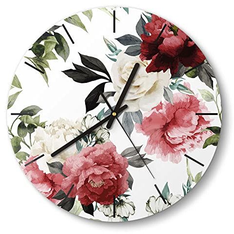 DEQORI Glasuhr | rund Ø 30 cm | Motiv Bunte Pfingstrosen | ausgefallene leise Design Uhr aus Glas | Wanduhr für Wohnzimmer & Küche | Moderne Hingucker Uhr für die Wand