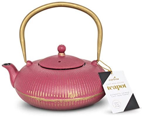 Charbrew Pink Striped Chinese Cast Iron Teapot with Stainless Steel Tea Infuser (1200ml/5 Cups)