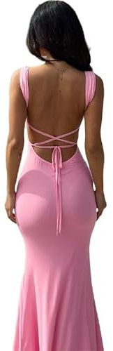 Robe longue rose à lacets dos nu for femmes moulante Sexy robe Maxi à bretelles fines tenues de soirée d'anniversaire élégantes (Color : A, Size : S)