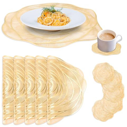 QZDAFFIC Tischsets Abwaschbar und Untersetzer 6er-Set, Runde Platzsets für den Tisch zu Hause, 38×38cm Kunststoff Rose Schreibtisch Pads für Party Küche Esstisch Restaurant (Gold)