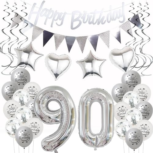 Silber Geburtstagsdeko 90 Jahre Frauen Mann,ballon 90 Geburtstag Frauen Deko, Luftballons 90. Geburtstag Dekoration Frau silber ,Party Deko 90. Männer 90 Jahre Frau Geburtstagsdeko
