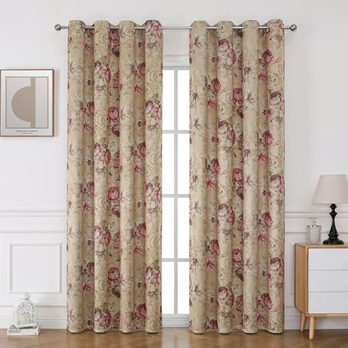 BUHUA 2er-Set Blickdicht Vorhänge mit Blumen Vintage Vorhang Rural Gardinen Ösenvorhang Elegante Verdunkelung für Schlafzimmer Wohnzimmer, H 225 x B 132 cm, Rosa Beige