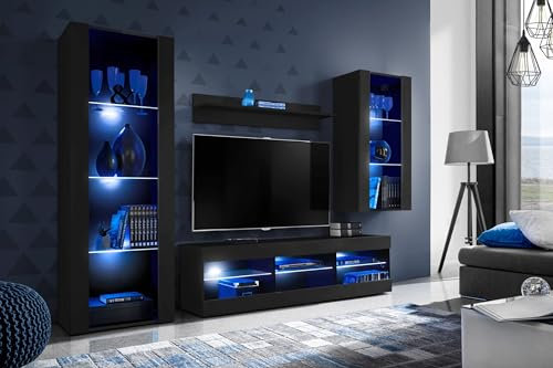 Komodee, Juego de Muebles Tivoli Medio TV, Negro/Negro, Ancho 220 cm x Alto 159 cm x Fondo 35 cm, LED Azul, para Sala, Dormitorio