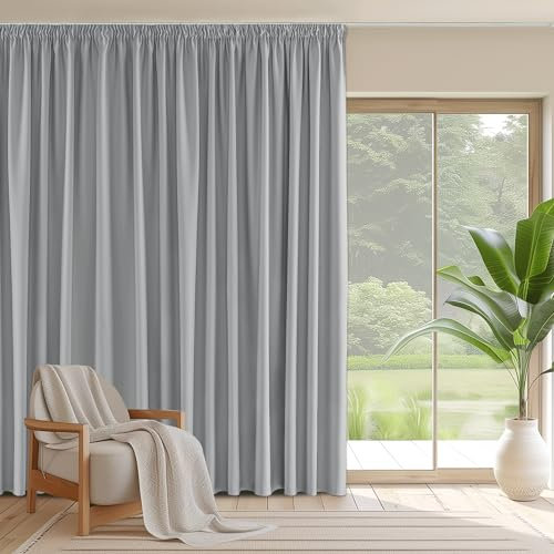 PONY DANCE Extra Breite Vorhänge mit Kräuselband Wohnzimmer Gardinen Blickdicht 1er Set H 220 x B 300 cm Thermogardine Hitzeschutz Verdunklungsvorhänge für Gardinenschiene, Silbergrau