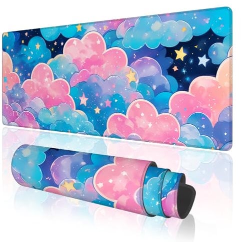 TOXXU Pink Cloud Large Gaming Mouse Pad with Anti-Slip Base for Keyboard and Mouse, Kawaii Colorful Clouds Extended XL Mousepad for Girl, Cute Desk Mat with Stitched Edges for Desk, 31.5 x 11.8 in