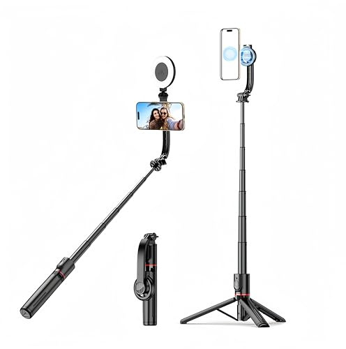 Sesdos Magnetischer Mini-Selfie-Stick-Stativ, ausziehbar, Ständer mit Fülllicht, Bluetooth, kabellose Fernbedienung für iPhone 15, 14, 13, 12 und Android