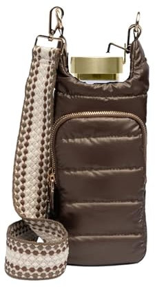 WanderFull® Original HydroBag®, Fits Up to 32 oz Water Bottle Holder with Strap, Hands-Free Crossbody, Water Bottle Carrier Bag with Phone Pocket - Chocolate Shiny w/Patterned Strap