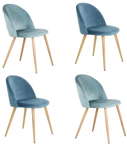 BenyLed Lot de 4 Chaises de Salle à Manger Rembourrées avec Dossier en Velours Doux et Pieds Réglables en Métal Style Bois(Bleu+Vert)