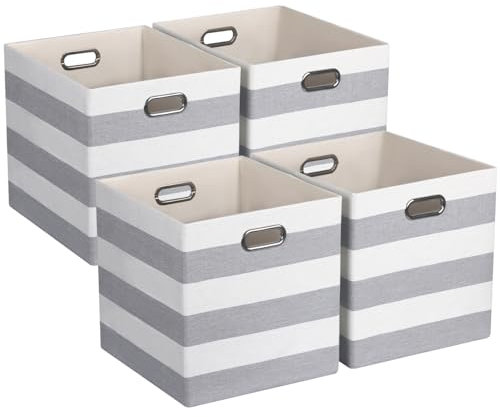ORGMASTER Cube Storage Bins, Collapsible Fabric Storage Cubes, Cubby Storage Organizer Bins Striped Container Baskets for Home Office Wardrobe Closet Shelf, 4 Pack, 33 x 33 x 33 cm, Gray/White