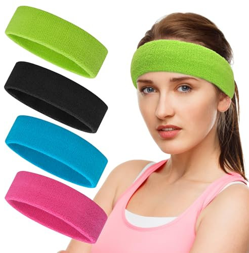 ONUPGO Schweißbänder Set, Sport-Stirnband für Männer Frauen, 4 Pcs Baumwolle Schweiß Stirnbänder, Frottee-Stirnbänder für Tennis, Gymnastik, Working Out (Schwarz/Rosa/Himmelblau/Neongrün)