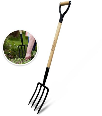 HORIJUNKE Garden Fork,4-Tine Pitchfork,Spading Digging Fork,Forged Steel Y-Grip, Wood Handle,45Inch