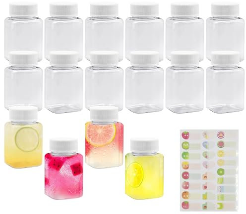 16 Pack Reusable Empty Smoothie Bottles, 100ML Leak-Proof Shot PET Bottles, Plastic Juice Bottles with 1 Fruit Label, Sealed Transparent Small PET Bottle, Mini Square Plastic Bottle for Milk Coffee
