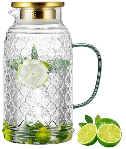 Buaic Jarra de vidrio con tapa, jarra de agua vintage de 68 onzas/2 litros, jarra de agua de vidrio de borosilicato transparente para infusión fría, café, limonada, té helado, jugo, bebidas, jarra de