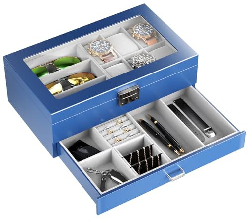 ProCase Uhrenbox aus Holz mit 6 Fächern, Uhren und Sonnenbrillen Aufbewahrung mit 2 Ebenen, Schmuckkästchen für Herren, Uhrenkasten mit Glasdeckel -Königsblau