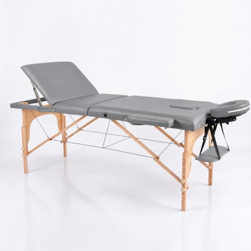 Plus Sante Klappbarer Massagetisch aus Holz MIA, Schwarz, Elfenbein, Grau, Blau, Rosa, 60 oder 70 cm, 3 Ebenen, leicht, mit Transporttasche und Zubehör (Grau, Breite 60 cm), Therapieliege
