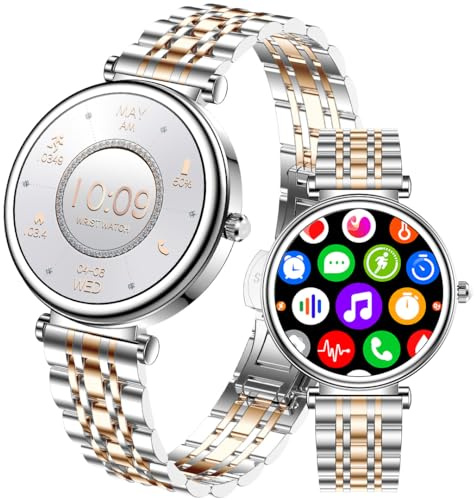 TAYSHILEY Smart Watch for Women 1.27 Color Screen Waterproof Fitness Activity Tracker Rose Gold Women's Smart Watch with Heart Rate Sleep Monitor for Android and iOS (Two-Tone Silver Steel RT-i109)