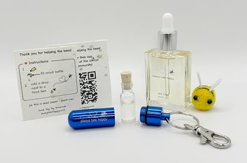 Bee Revival Kit - 'Always Bee Happy' Engraved Keyring, Glass Vial, Bee Feed Dropper Bottle, Organza Pouch (Blue)