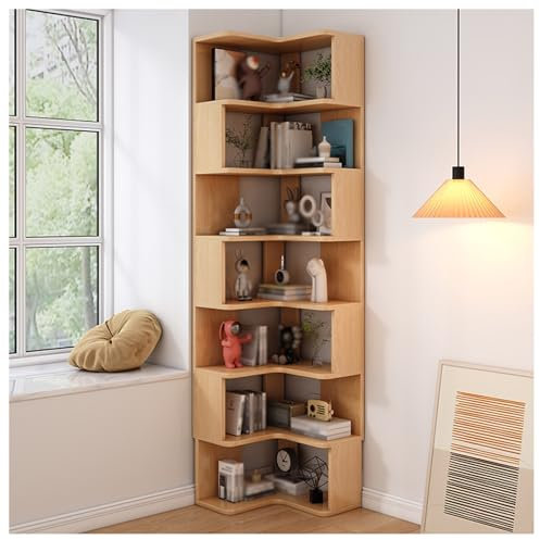 7 Tiers Corner Bookshelf,Bookcase with Baffles Etagere Shelf Storage Rack,Corner Bookshelf for Small Space Study Room Living Room Office(Beige,7-tiers)