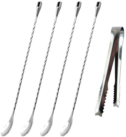 4 Pieces Mixing Spoons, 1 Piece Ice Clip, Long Spoon, Cocktail Spoon, Long Handle Spoon, Cocktail Drink Stirrer, Stainless Steel Mixing Spoon, Coffee Accessories