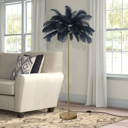 KOSHSH Stehlampe Federn Gold,Modern Feder lampe Stehlampe Wohnzimmer 160cm LED Stehlampe federlampe mit 3-Farbig Dimmbarem Stehleuchte Für Esszimmer, Sofa, Ecke (Black)