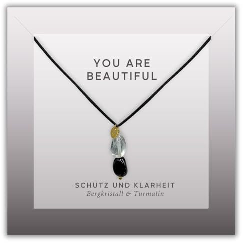 happymaker - Turmalin Kette mit Bergkristall, Heilstein Kette Damen, Stoffband mit 18k vergoldeten Perlen, größenverstellbar, handmade in Deutschland, Schutzstein