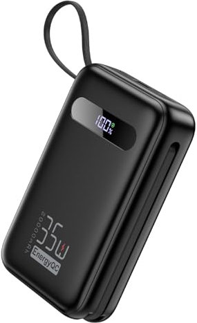 EnergyQC Power Bank, 20,000mAh 35W PD 3.0+QC 4.0 Fast Charging Portable Charger with Built-in USB-C in&Out Cables, Battery Pack for iPhone 16/15/14 Series, Galaxy, iPad, AirPods, Black
