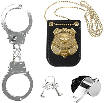 VARKAGE Handschellen Kinder Echt Stahl, Polizei Zubehör Set Polizist Handschellen Abzeichen, Kinder Polizei Set für Cosplay Polizei Kostüm Kinder