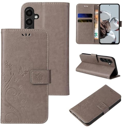 LBH Handy Hülle für Samsung Galaxy A16 / A16 5G Case Handytasche Schmetterling Blumen Flower Standfunktion Schutzhülle Magnet Rundum Schutz 360 Grad Flipcase Cover Grau