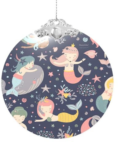 WSHFFILO Meerjungfrau im Ozean bedruckter runder Glas-Weihnachtsanhänger Weihnachtsbaumschmuck