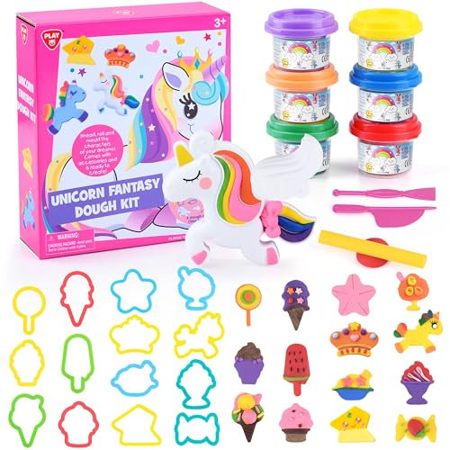 PLAY Knete Set für Kinder Eis und Einhorn Set - Anfänger Knete Zubehör knete ab 3 jahre, Kinderknete Kitchen Creations mit knetwerkzeug 6 Dosen knetmasse, geschenk mädchen 4 5 6 7 8 jahre