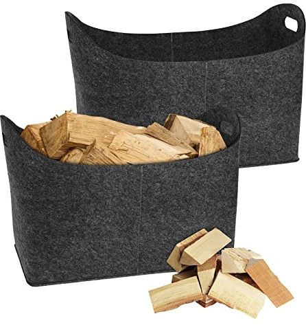 FIVMEN Holzkorb aus Extradickem Filz Faltbar mit Tragegriffen Filzkorb Filztasche Shopper Groß Kaminholzkorb Brennholzkorb Einkaufstasche 55x30x40 cm Dunkelgrau, 2 Stück
