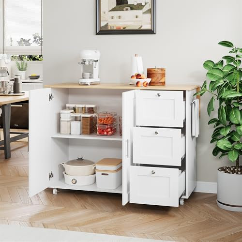 KecDuey Isla de cocina, 135 x 44 (70) x 90 cm, mueble de cocina, carrito de cocina, mesa de cocina móvil grande, encimera de madera de roble, diseño plegable, 3 cajones, toallero (blanco)