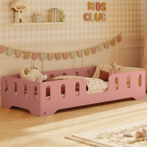 smartwood Bodenbett 90x200 cm mit Rausfallschutz, Holz, Rosa, TILA 2 | Montessori Kinderbett, Lattenrost belastbar bis 230 kg, FSC-Zertifikat, abgerundete Kanten, Einfache Montage, ab 3 Jahren
