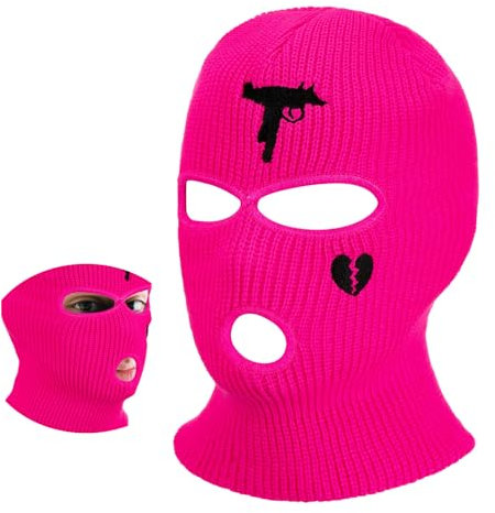 BBTO Gestrickte Sturmhaube mit 3 Löchern Volle Gesichtsabdeckung Winter Vollgesicht Sturmmaske(Fluoreszierendes Rosenrot)