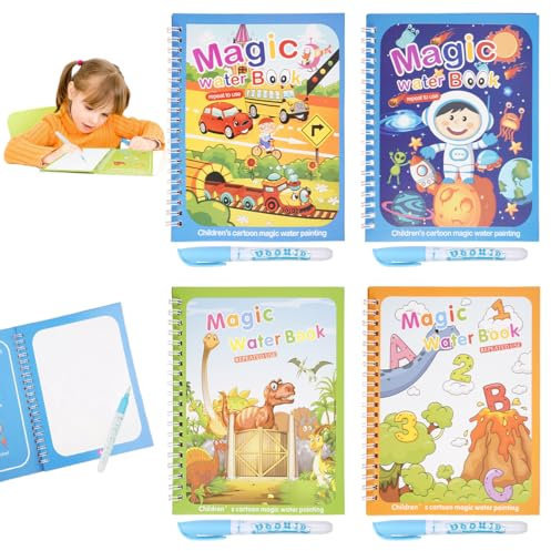Lot de 4 Livre de Coloriage a L’eau, Livre Magique à L'Eau avec Stylo Leau, Livre de Dessin Magique de L'eau avec 4 Stylo à L'eau, Réutilisable Magic Water Book pour enfants à partir de 3 ans Présents