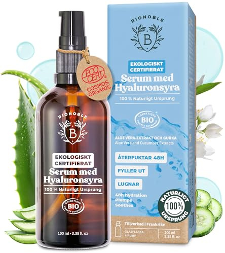 BIONOBLE Hyaluron Serum Gesicht Hochdosiert Bio - Anti-Aging - 100ml | 100% Natürlichen Ursprungs, Ohne Alkohol - Anti Falten - Hyaluronsäure Serum, Hyaluronic Acid Serum - Glasflasche, Pumpe