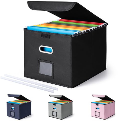 CADONO File Organizer Box with Lid, Large Hanging File Folder Organizer with Plastic Slide, Collapsible Portable Filing Storage Boxes for Office/Decor/Home (Black, 14.9 x 12.59 x 10.8 inch)