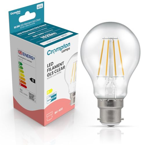 Crompton Lamps Filament GLS LED Light Bulb BC-B22d | 10.5W = 100W Equivalent | Cool White 4000K | Energy Efficient | Bayonet Lightbulb | Long Life 15,000-Hrs | Clear Glass