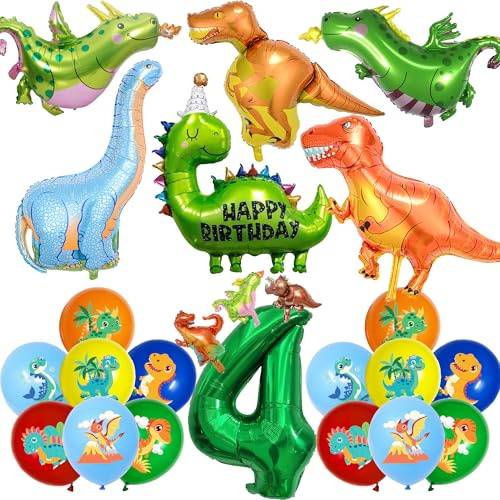 Dino Geburtstag Deko 4 Jahre - 24 StüCk Grün Dinosaurier Luftballons Folienballon Zahlenballon 2 Geburtstagsdeko Für Kinder Junge Jungen MäDchen Dschungel Motto Party Dekoration