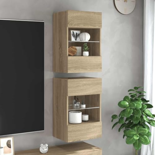 HETFTJN 2er Set Wandboards Sonoma Eiche 40x30x60,5 cm mit RGB LED Beleuchtung & Glasboden, TV Lowboard Hängend, Wohnzimmer Sideboard mit Stauraum, Modernes Design für TV Wand Schlafzimmer Flur