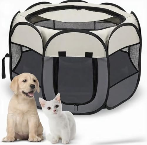 Welpenauslauf Hundebox Faltbar Wasserdicht Tierlaufstall Abnehmbar Transportbox Freigehege für Katze Kaninchen Haustier mit Tragbar Handtasche,Hund Laufgitter für Camping Reisen73*73 * 53cm