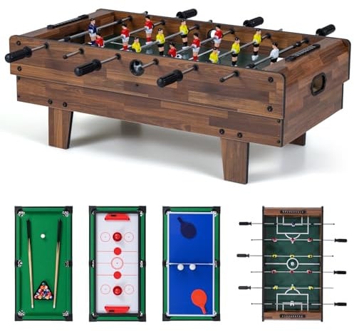 COSTWAY 4 in 1 Spieltisch, Tischkicker & Billard & Air Hockey & Tischtennis, Multifunktionstisch aus Holz, Tischfußball für Spielzimmer, Bars, Kickertisch für Kinder, Erwachsene