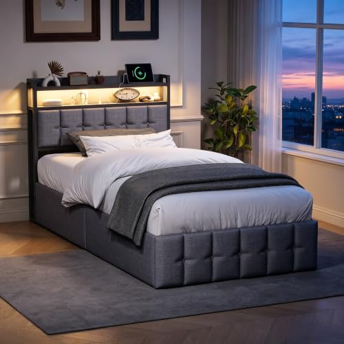 BRILVERDE Einzelbett 90x200 mit Stauraum, LED/USB, Jugendbett mit kopfteil, Bettgestell mit Lattenrost, Bettrahmen für Jugendliche, Leinen (Grau, 90 x 200 cm)