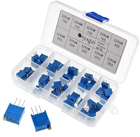 Oiyagai 100 Stück 3296W Präzisionspotentiometer Set – 10 Werte 1K–500K Ohm Mehrgang-Trimmer-Widerstände, Einstellbar, mit Aufbewahrungsbox für Arduino, Elektronik & DIY-Projekte