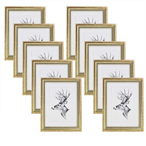 WOLTU Bilderrahmen 13x18cm 10er Set Fotorahmen Holzrahmen mit Passepartout, zum vertikalen oder horizontalen Aufhängen/Aufstellen, Posterrahmen Collage Wanddeko, Gold