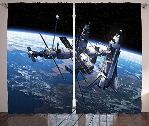 ABAKUHAUS Weltraum Rustikaler Vorhang, Kosmonaut Abenteuer, Wohnzimmer Universalband Gardinen mit Schlaufen und Haken, 280 x 175 cm, Blau Grau