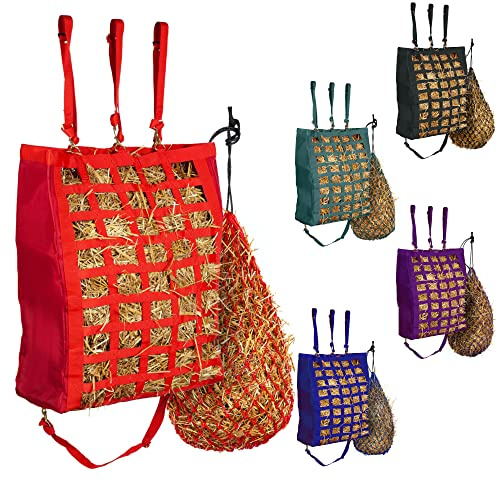 MAJESTIC ALLY Slow Feed Hay Bag and Hay Net Combo for Horses, Adjustable Travel Feeder for Trailer and Stall, Feeding Sack with Strap Support, Simulates Grazing, Reduces Waste (Red)