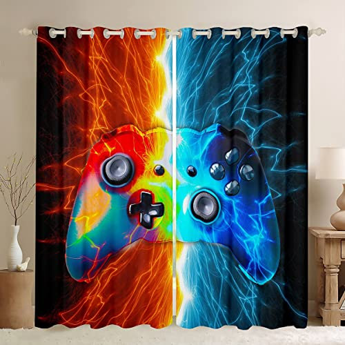 Gamer Room Curtains for Bedroom Boys Teens Video Game Gamepad Window Kids Toddler Gaming Noise Reducing Cooling Window Treatments Red Blue W46*L54