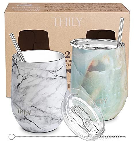 THILY Vacuum Insulated Stemless Wine Tumbler 12 oz Stainless Steel Wine Glass with Lid and Straw, Keep Cold or Hot for Coffee, Cocktails, Christmas Birthday Gift, 2 Pack(White Marble + Opal Marble)